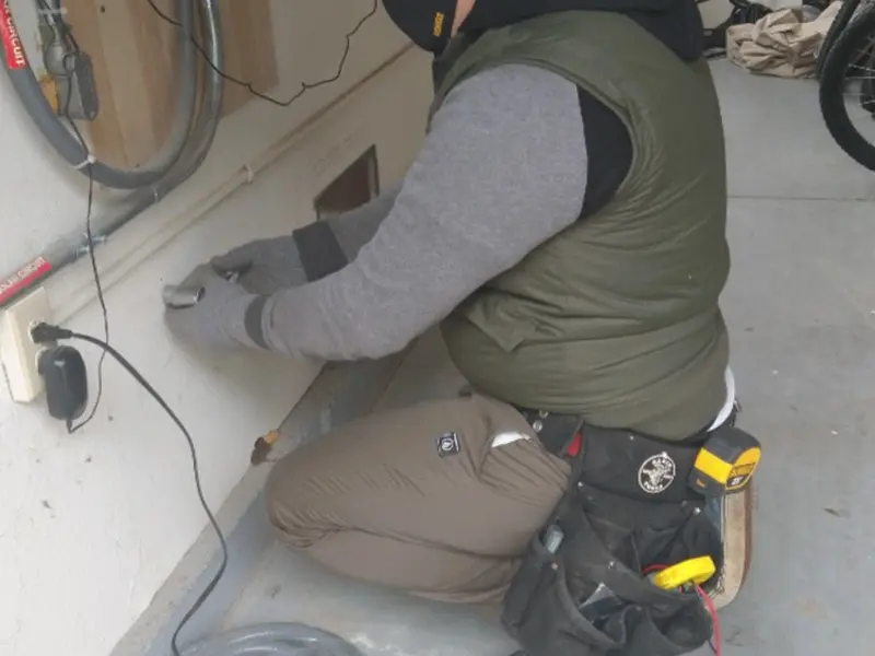Electrician performing outlet wiring in a Beaufort garage